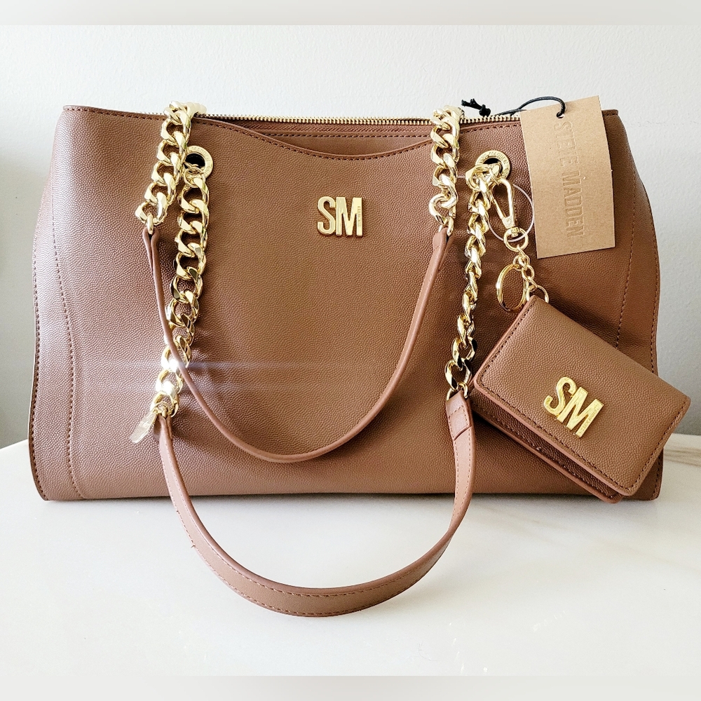 Steve Madden BKaiden Brown Satchel Bag And Wallet Faux Caviar Leather Large New